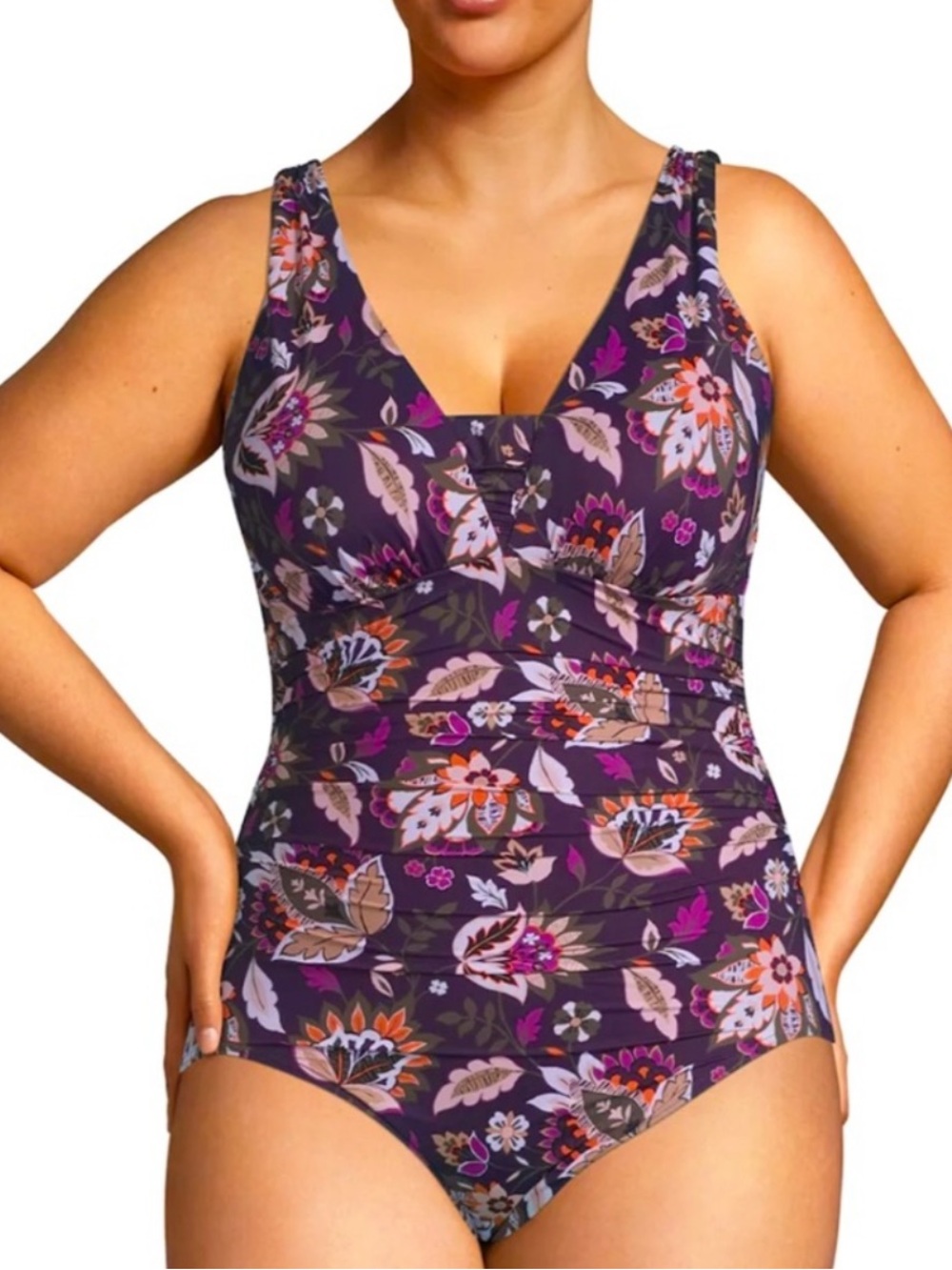 Lands' End Purple Floral V-Neck One-Piece Swimsuit